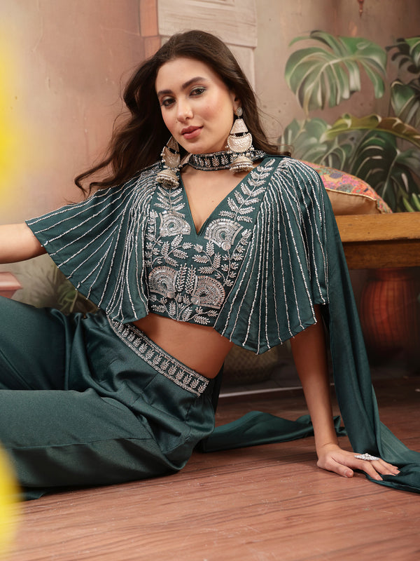 Stylum Women's Green Solid & Embroidered Poly Georgette Co-Ords Set (CSGREENMAYRA)