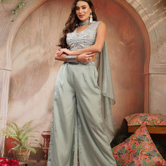 Stylum Women's Green Solid & Embroidered Poly Georgette Co-Ord Set (CSGREENNISHA)