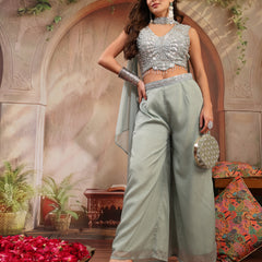 Stylum Women's Green Solid & Embroidered Poly Georgette Co-Ord Set (CSGREENNISHA)