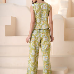 Stylum Women's Green Floral Printed Cotton Flax Co-Ord Set (CSGREENOLLY)