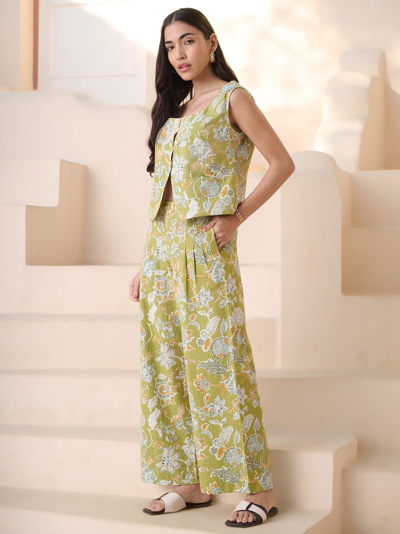 Stylum Women's Green Floral Printed Cotton Flax Co-Ord Set (CSGREENOLLY)