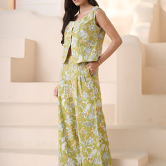 Stylum Women's Green Floral Printed Cotton Flax Co-Ord Set (CSGREENOLLY)