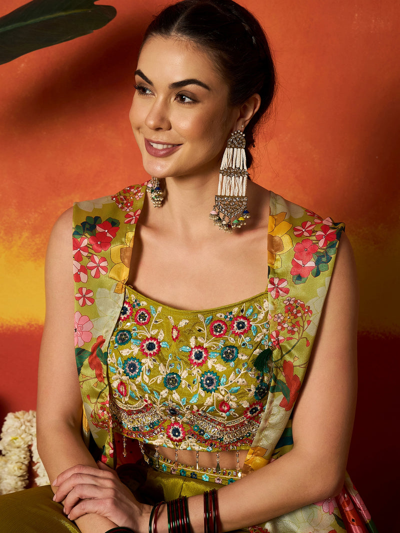 Stylum Women's Green Floral Printed & Embroidered Chinon Co-Ord Set (CSGREENRANGREJ)