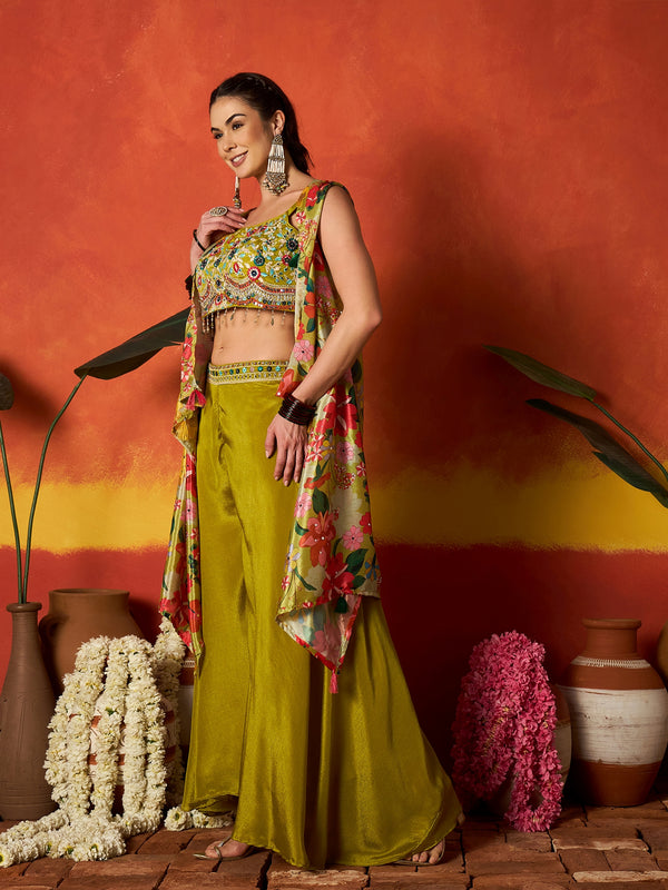Stylum Women's Green Floral Printed & Embroidered Chinon Co-Ord Set (CSGREENRANGREJ)