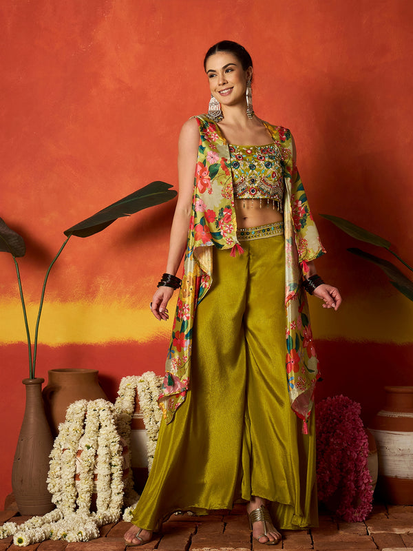 Stylum Women's Green Floral Printed & Embroidered Chinon Co-Ord Set (CSGREENRANGREJ)