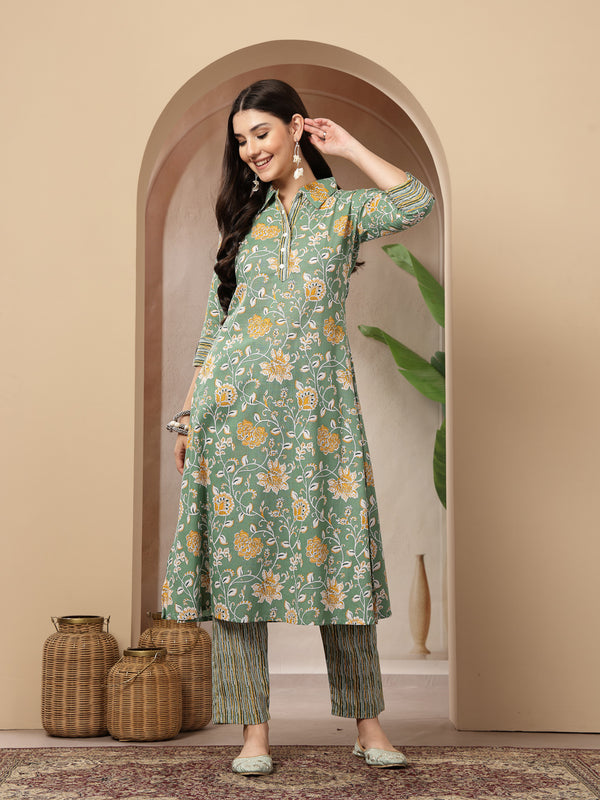 Stylum Women's Green Floral Printed Cotton Co-Ords Set (CSGREENRANJAN)