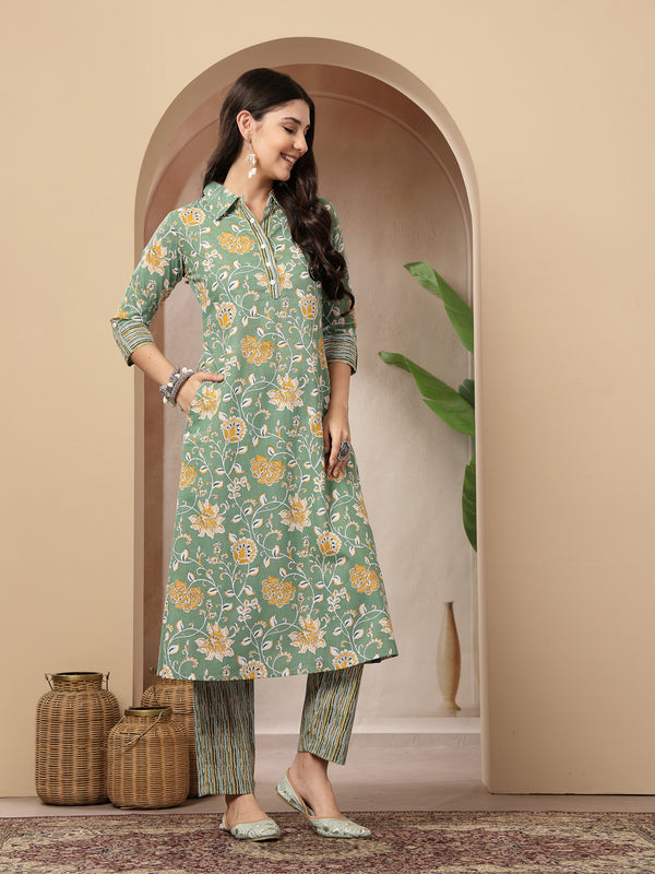 Stylum Women's Green Floral Printed Cotton Co-Ords Set (CSGREENRANJAN)