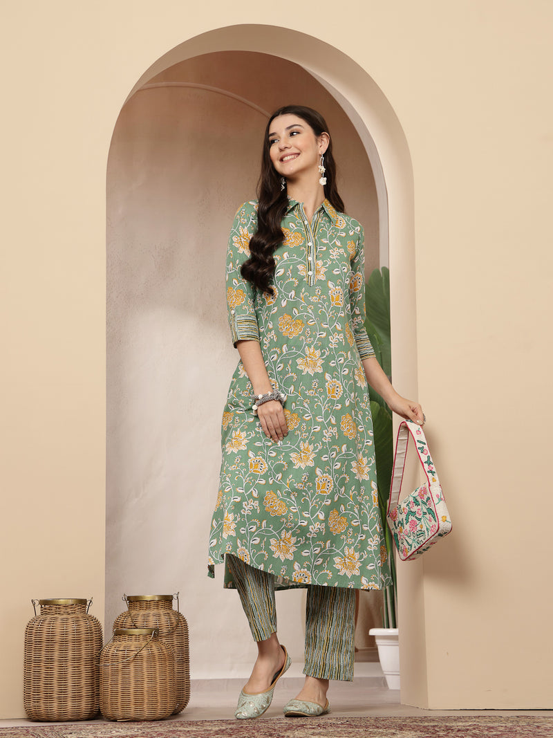 Stylum Women's Green Floral Printed Cotton Co-Ords Set (CSGREENRANJAN)
