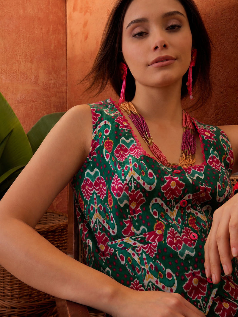 Stylum Women's Green Ikat Printed Cotton Co-Ord Set (CSGREENTIMBER)