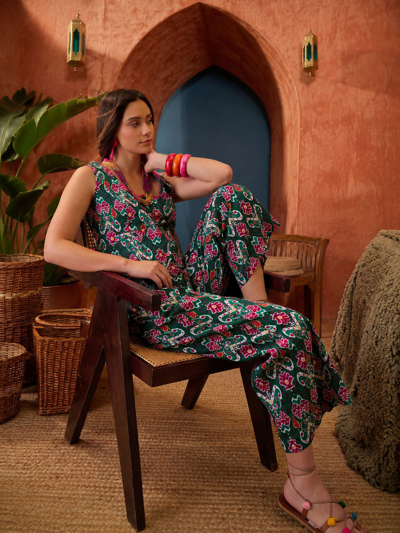 Stylum Women's Green Ikat Printed Cotton Co-Ord Set (CSGREENTIMBER)