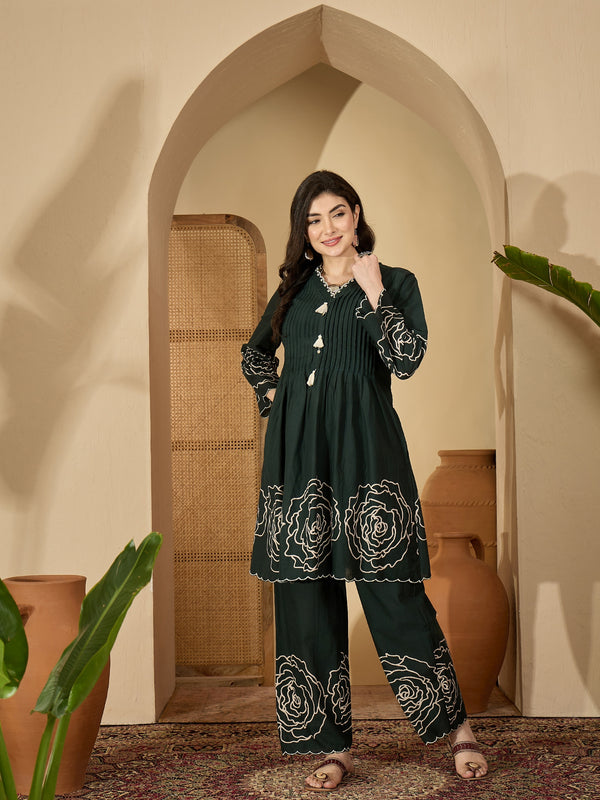 Stylum Women's Green Floral Printed & Embroidered Cotton Co-Ord Set (CSGREENZINPA)