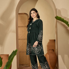 Stylum Women's Green Floral Printed & Embroidered Cotton Co-Ord Set (CSGREENZINPA)