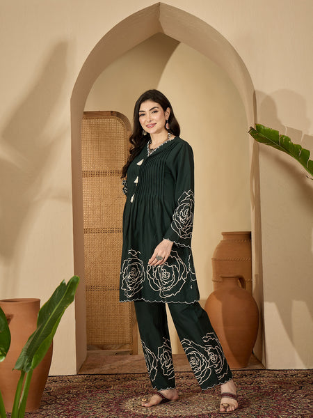Stylum Women's Green Floral Printed & Embroidered Cotton Co-Ord Set (CSGREENZINPA)