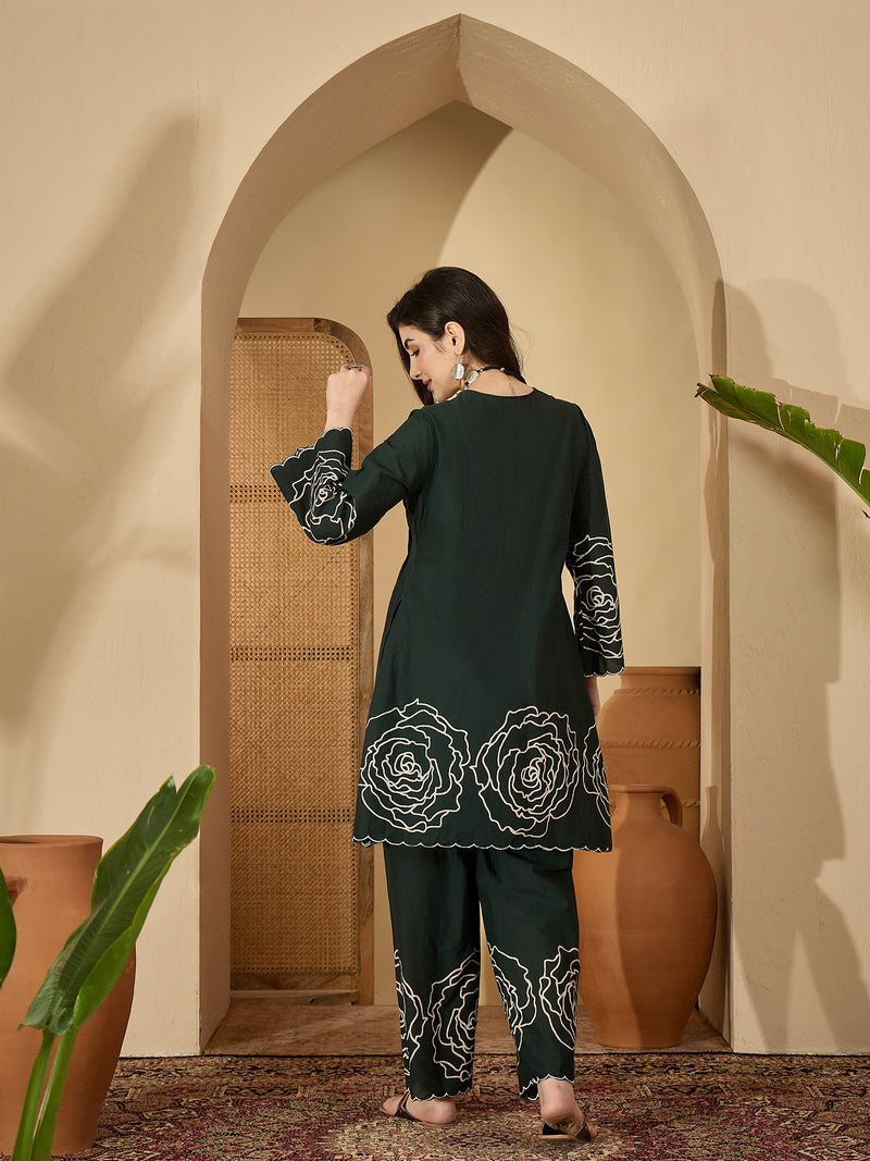 Stylum Women's Green Floral Printed & Embroidered Cotton Co-Ord Set (CSGREENZINPA)