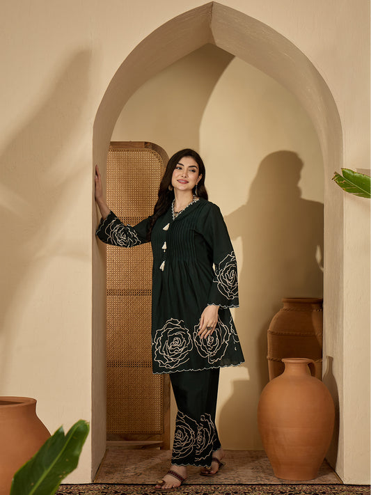 Stylum Women's Green Floral Printed & Embroidered Cotton Co-Ord Set (CSGREENZINPA)