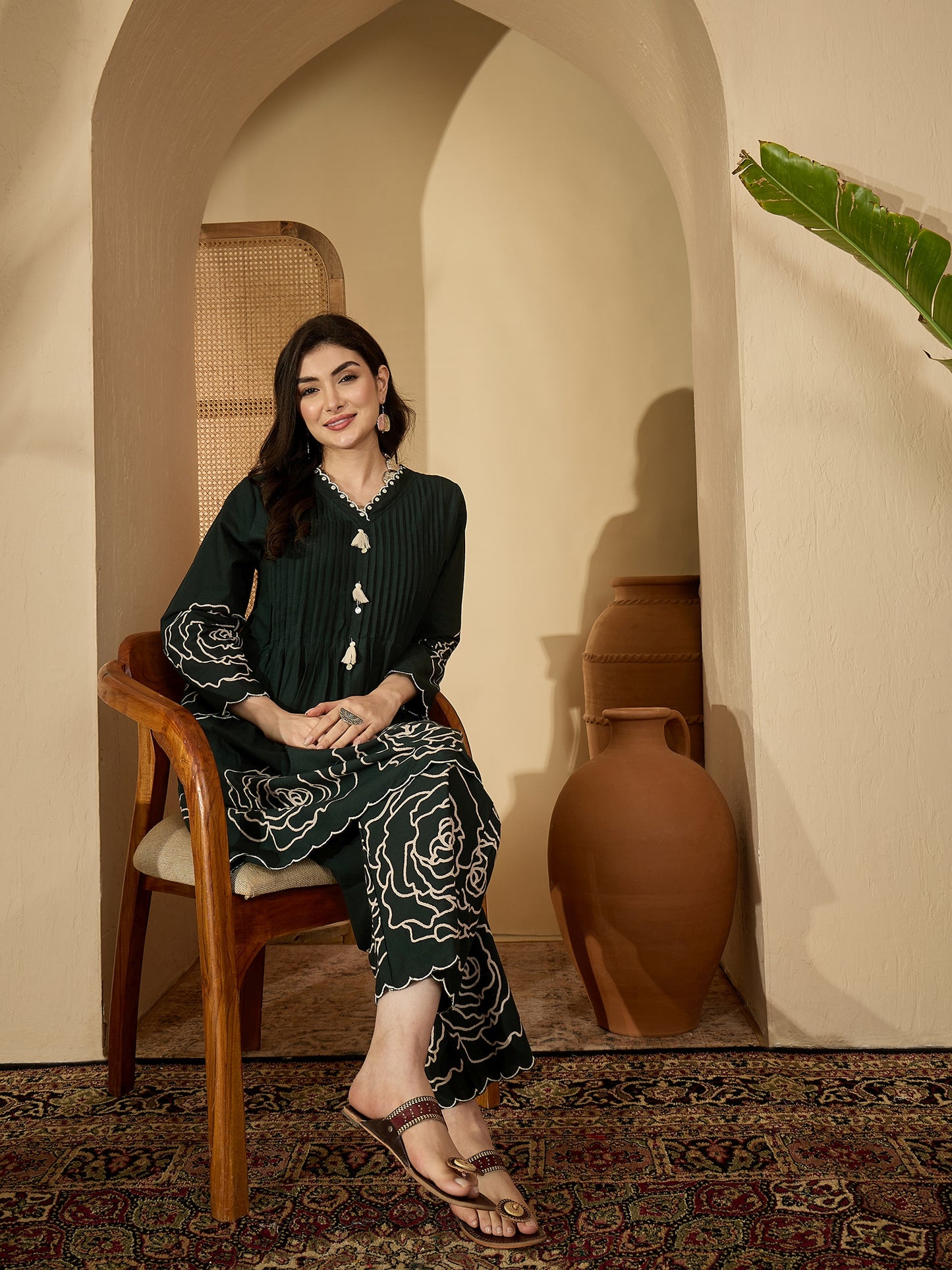 Stylum Women's Green Floral Printed & Embroidered Cotton Co-Ord Set (CSGREENZINPA)