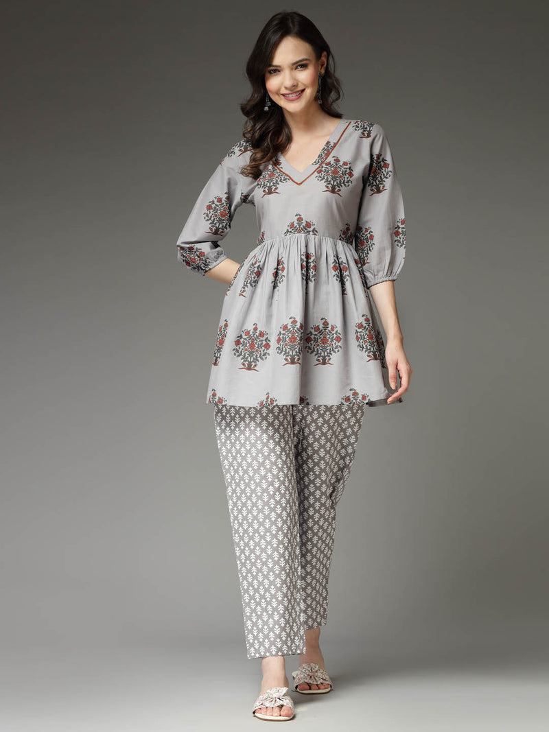 Stylum Women's Floral Printed Cotton Co-Ord Set (CSGREYAVIKA)