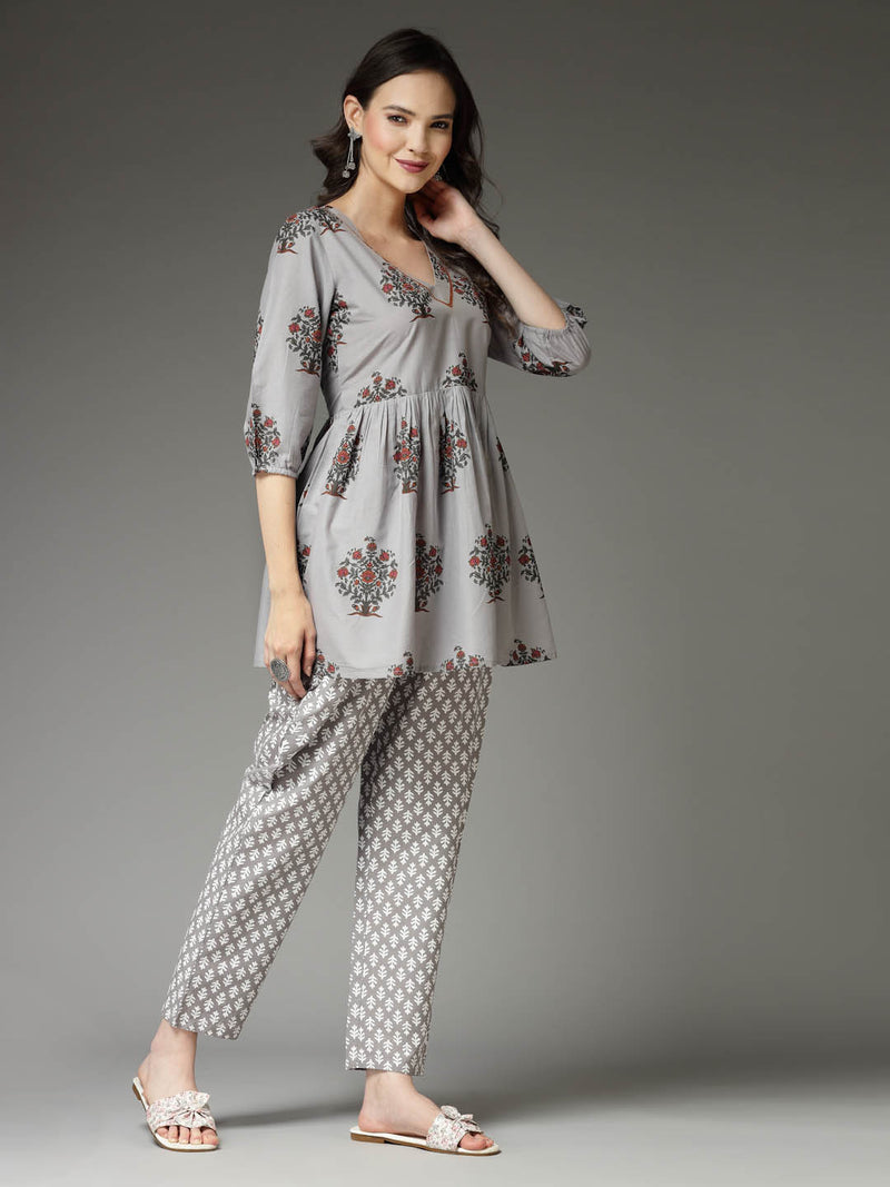 Stylum Women's Floral Printed Cotton Co-Ord Set (CSGREYAVIKA)
