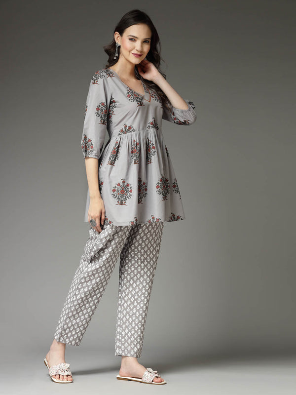Stylum Women's Floral Printed Cotton Co-Ord Set (CSGREYAVIKA)