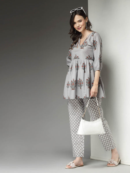 Stylum Women's Floral Printed Cotton Co-Ord Set (CSGREYAVIKA)