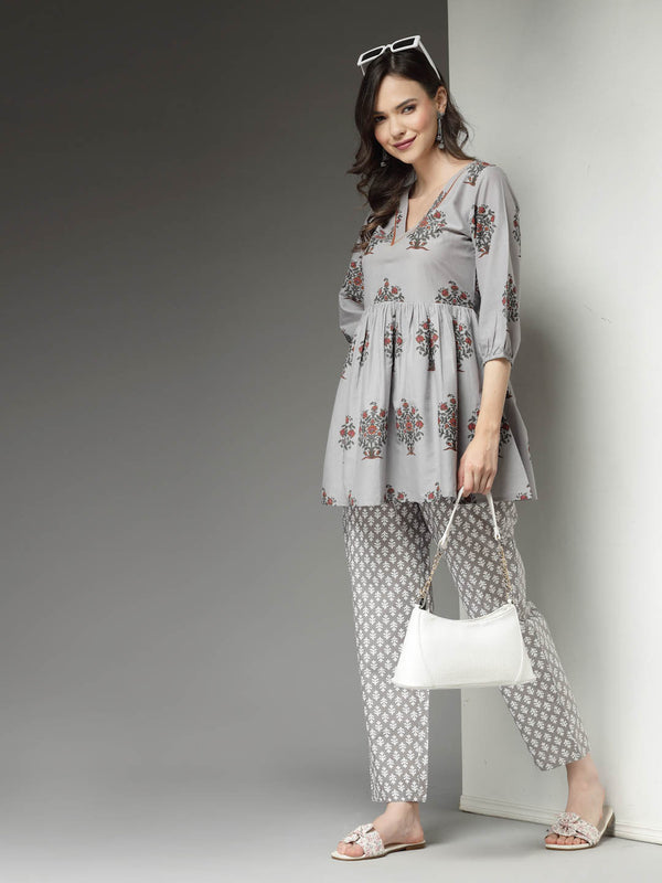 Stylum Women's Floral Printed Cotton Co-Ord Set (CSGREYAVIKA)