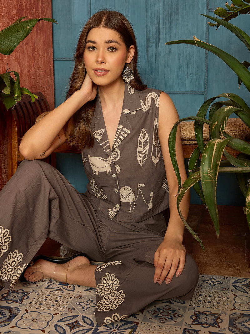 Stylum Women's Grey Printed Cotton Co-Ord Set (CSGREYDERBY)