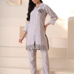 Stylum Women's Grey Solid & Embroidered Silk Blend Co-ord Set (CSGREYGOAT)