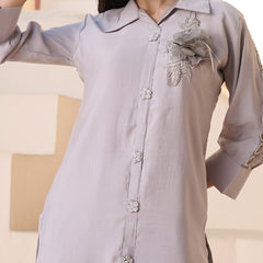 Stylum Women's Grey Solid & Embroidered Silk Blend Co-ord Set (CSGREYGOAT)