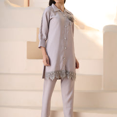 Stylum Women's Grey Solid & Embroidered Silk Blend Co-ord Set (CSGREYGOAT)