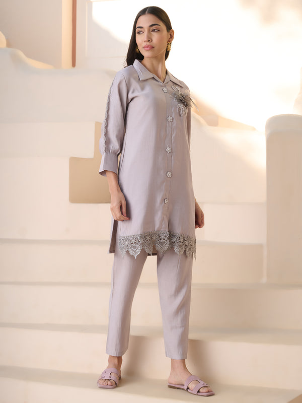 Stylum Women's Grey Solid & Embroidered Silk Blend Co-ord Set (CSGREYGOAT)