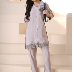 Stylum Women's Grey Solid & Embroidered Silk Blend Co-ord Set (CSGREYGOAT)