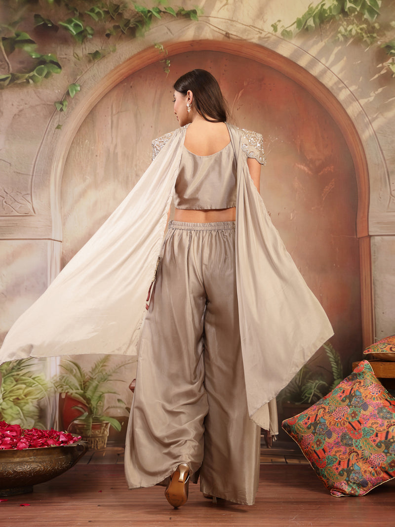 Stylum Women's Grey Solid & Embroidered Poly Georgette Co-Ords Set (CSGREYNITARA)