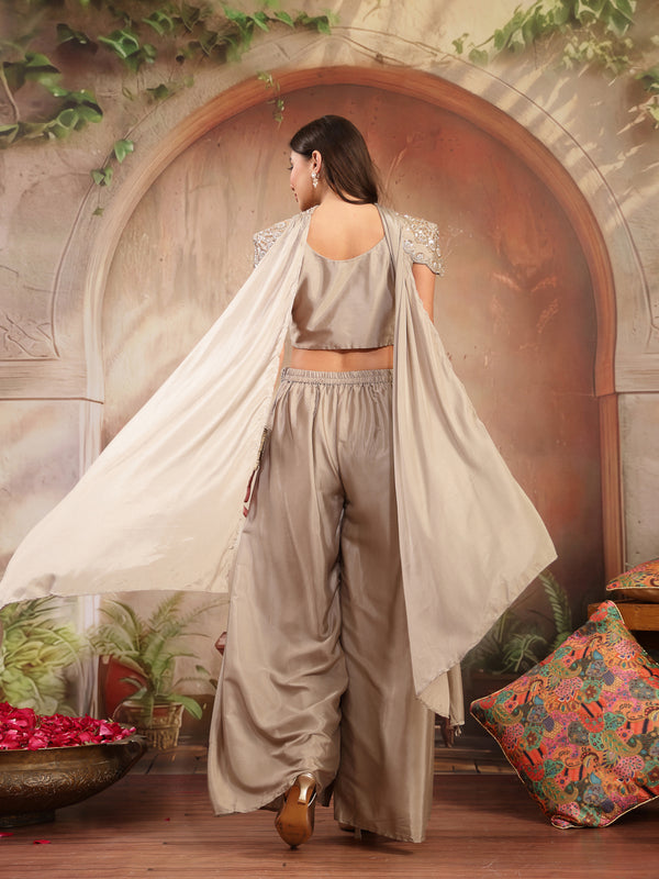 Stylum Women's Grey Solid & Embroidered Poly Georgette Co-Ords Set (CSGREYNITARA)