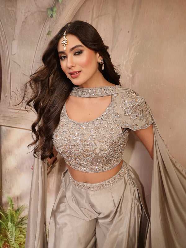 Stylum Women's Grey Solid & Embroidered Poly Georgette Co-Ords Set (CSGREYNITARA)