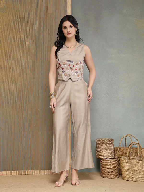 Stylum Women's Grey Solid & Embroidered Vertical Co-Ord Set (CSGREYTALES)