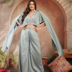 Stylum Women's Light Blue Solid & Embroidered Poly Georgette Co-Ords Set (CSLIGHTBLUEMAYRA)