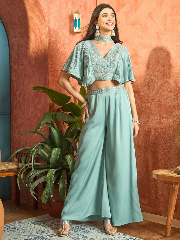 Stylum Women's Light Blue Solid & Embroidered Poly Georgette Co-Ords Set (CSLIGHTBLUEMAYRA)