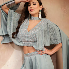 Stylum Women's Light Blue Solid & Embroidered Poly Georgette Co-Ords Set (CSLIGHTBLUEMAYRA)