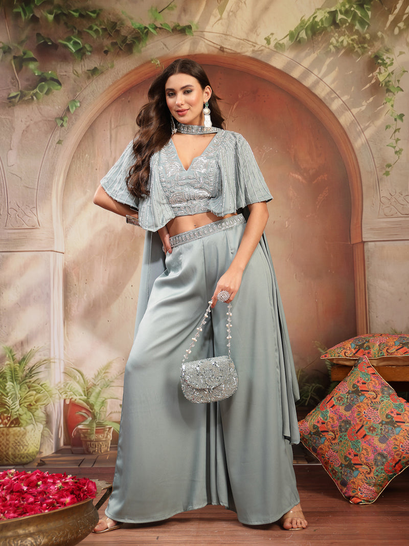 Stylum Women's Light Blue Solid & Embroidered Poly Georgette Co-Ords Set (CSLIGHTBLUEMAYRA)