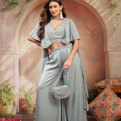 Stylum Women's Light Blue Solid & Embroidered Poly Georgette Co-Ords Set (CSLIGHTBLUEMAYRA)