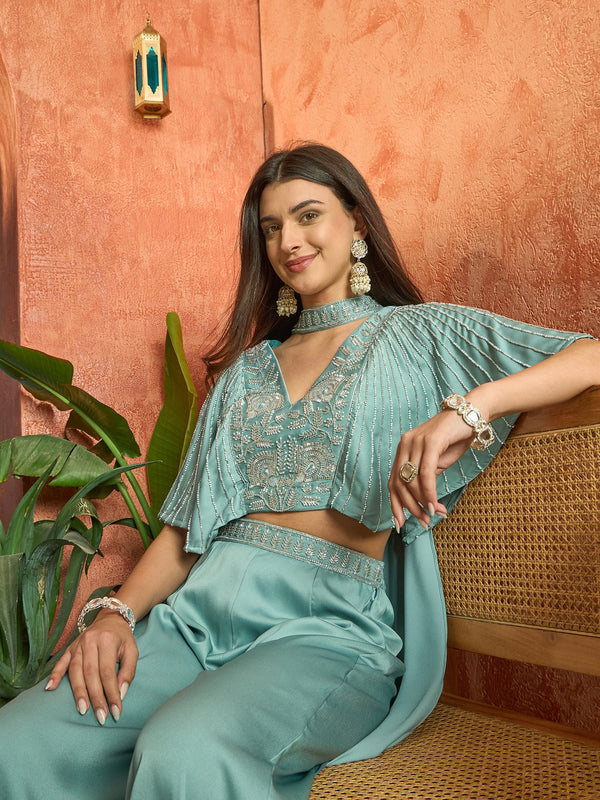 Stylum Women's Light Blue Solid & Embroidered Poly Georgette Co-Ords Set (CSLIGHTBLUEMAYRA)