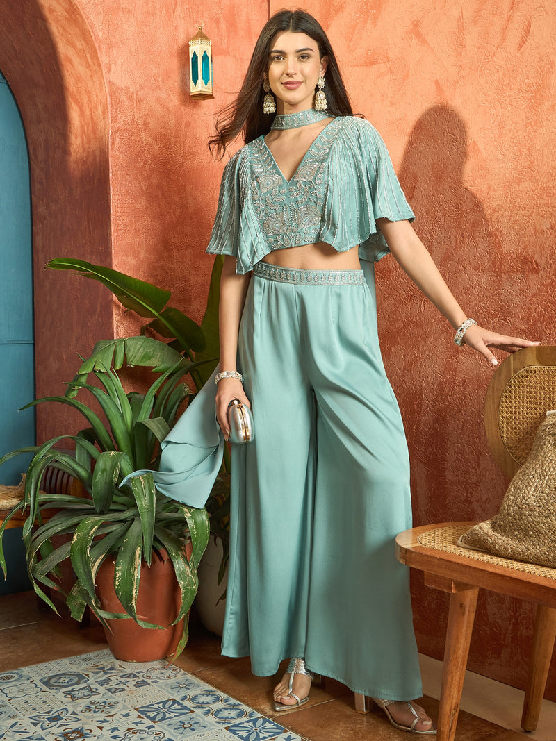 Stylum Women's Light Blue Solid & Embroidered Poly Georgette Co-Ords Set (CSLIGHTBLUEMAYRA)