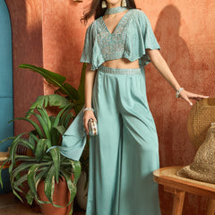 Stylum Women's Light Blue Solid & Embroidered Poly Georgette Co-Ords Set (CSLIGHTBLUEMAYRA)