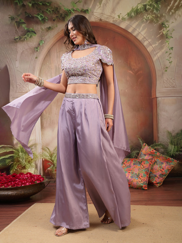 Stylum Women's Lilac Solid & Embroidered Poly Georgette Co-Ords Set (CSLILACNITARA)