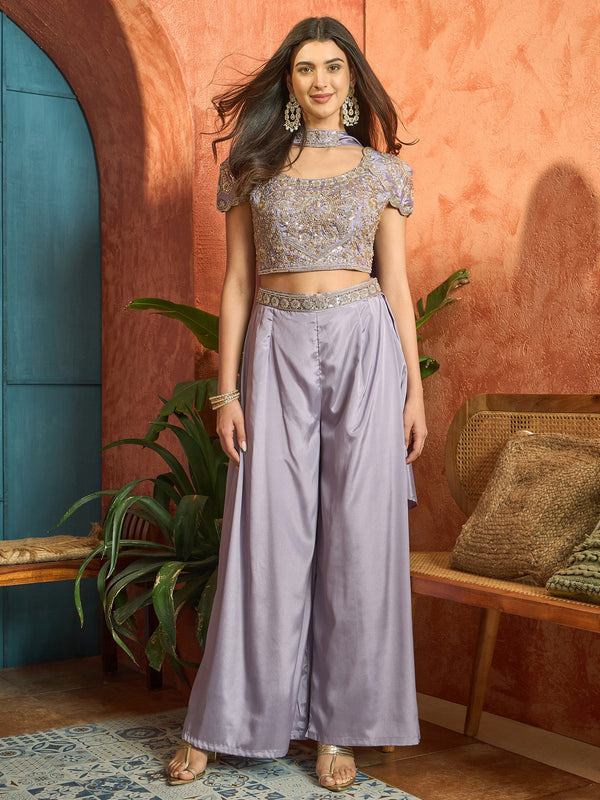 Stylum Women's Lilac Solid & Embroidered Poly Georgette Co-Ords Set (CSLILACNITARA)