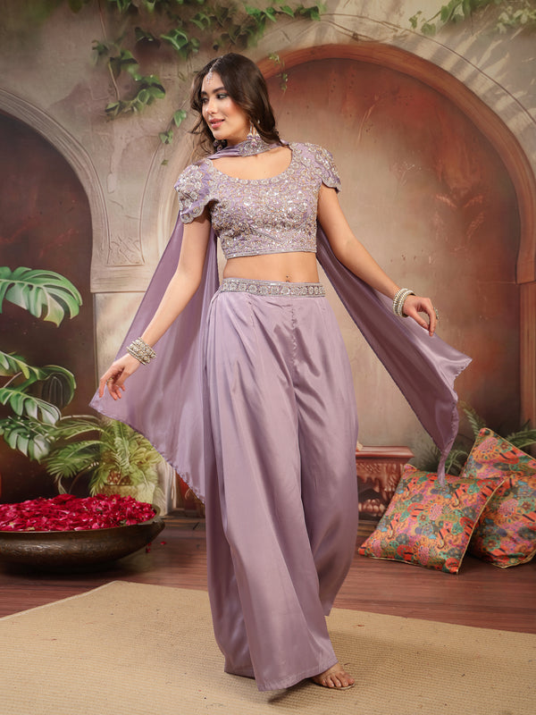 Stylum Women's Lilac Solid & Embroidered Poly Georgette Co-Ords Set (CSLILACNITARA)