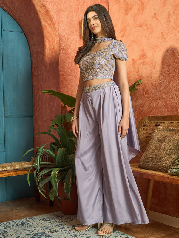Stylum Women's Lilac Solid & Embroidered Poly Georgette Co-Ords Set (CSLILACNITARA)