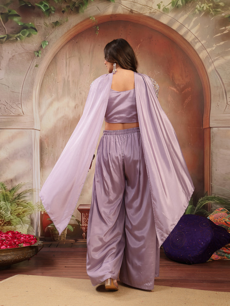 Stylum Women's Lilac Solid & Embroidered Poly Georgette Co-Ords Set (CSLILACNITARA)