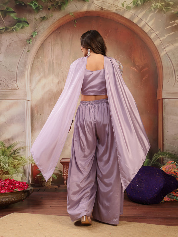Stylum Women's Lilac Solid & Embroidered Poly Georgette Co-Ords Set (CSLILACNITARA)
