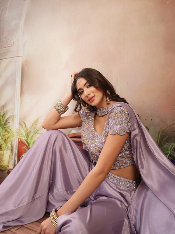 Stylum Women's Lilac Solid & Embroidered Poly Georgette Co-Ords Set (CSLILACNITARA)